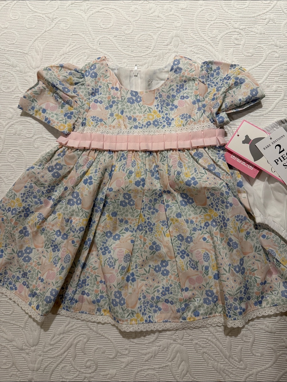 Rare Editions Floral Pastel Pink and Blue Girls Dress Set with bottoms. NWT 18 m